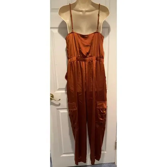 Skies Are Blue Satin Jumpsuit M Brown Cowl Neck Wide Leg Chic NWT - Picture 5 of 12